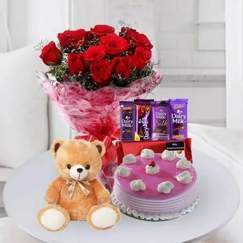  Cake with Chocolates Teddy n Flowers